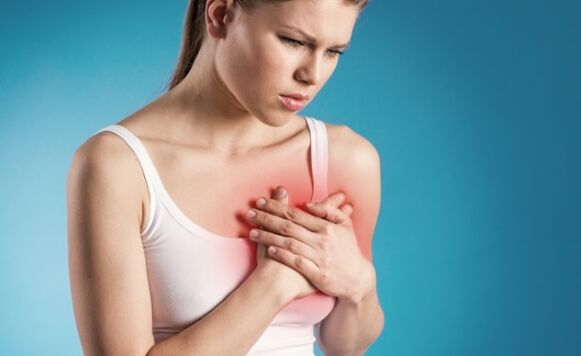 A feeling of aching pain in the heart area is one of the signs of thoracic osteochondrosis